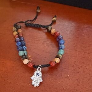 Colorful Beaded Bracelet with Silver Hamsa Charm